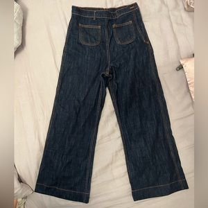 Judi Rosen wide leg patch front pocket jeans with side zip.  Size 30 Dark denim